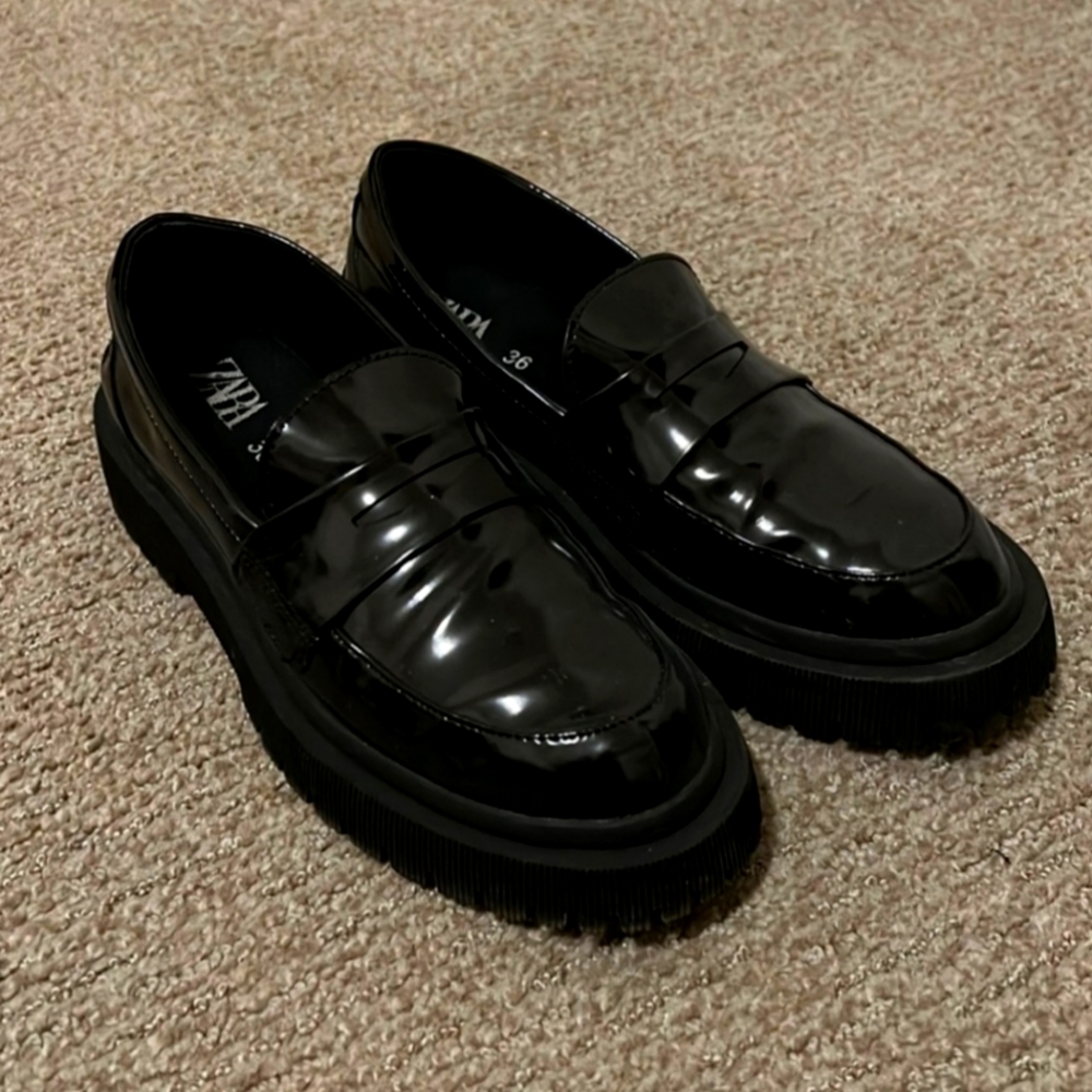 Zara Lug Sole Black Patent Loafers